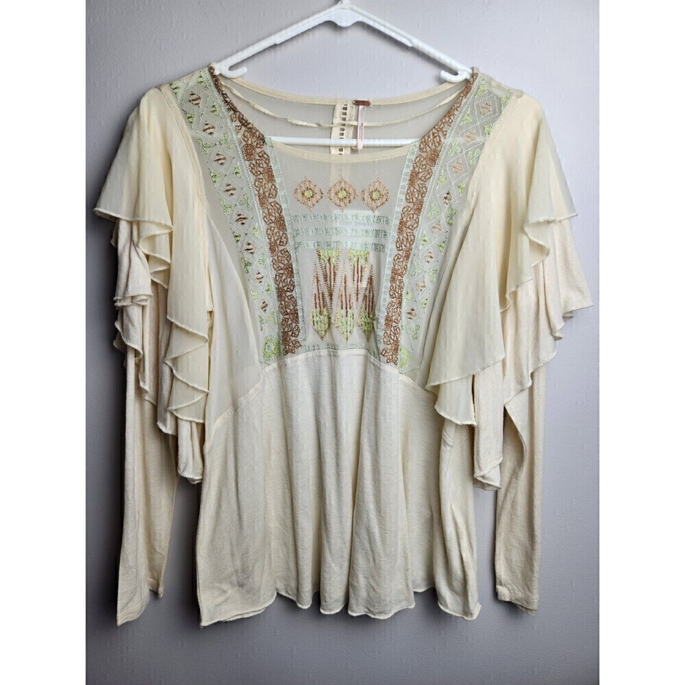 Free People OB651125 La Cienga Embroidered Tiered Ruffle Blouse Almond Sz XS NWT